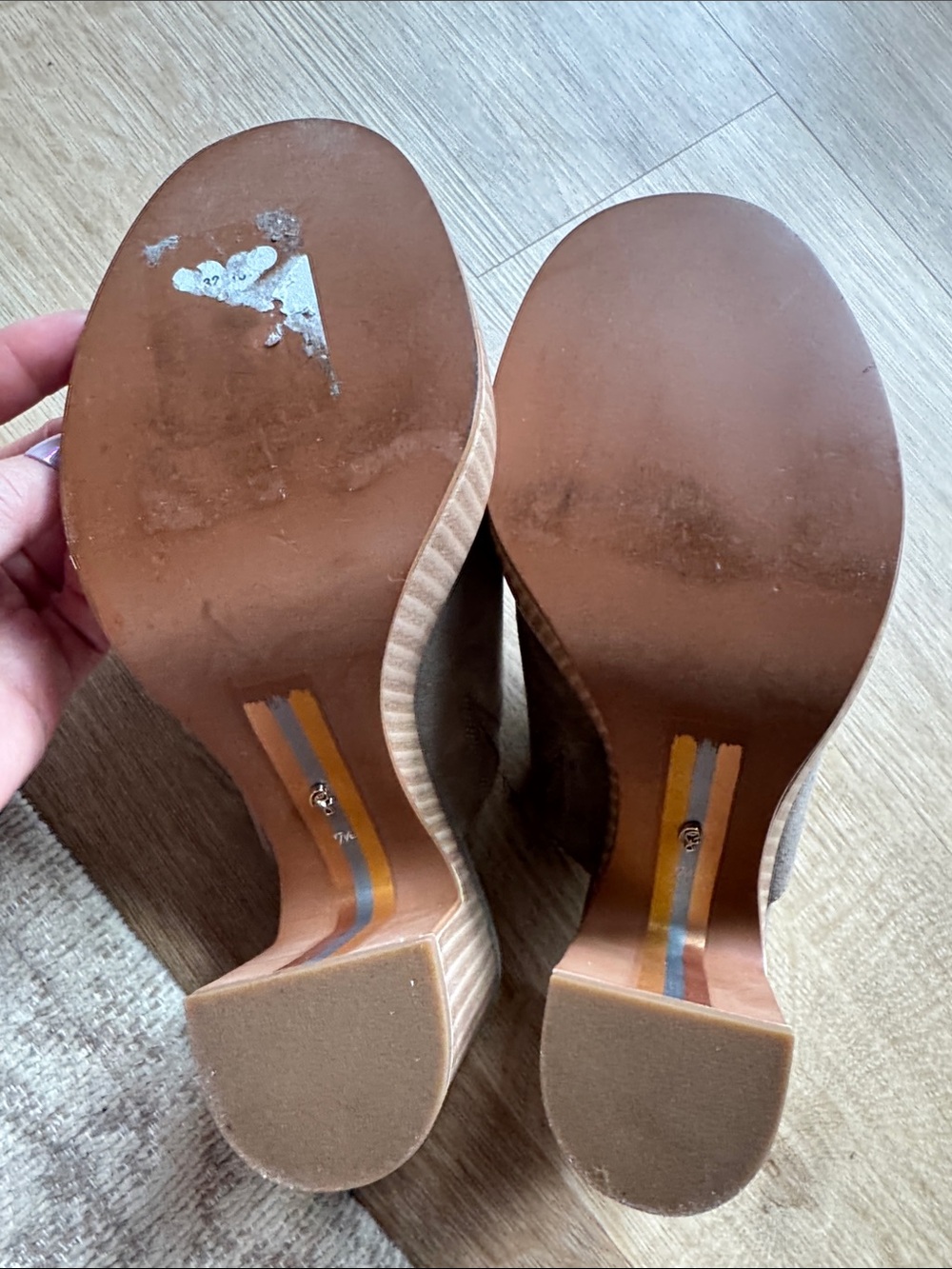 Sam Edelman Taupe Suede Platform Mules with Wood-Look Heel - Picture 8 of 8